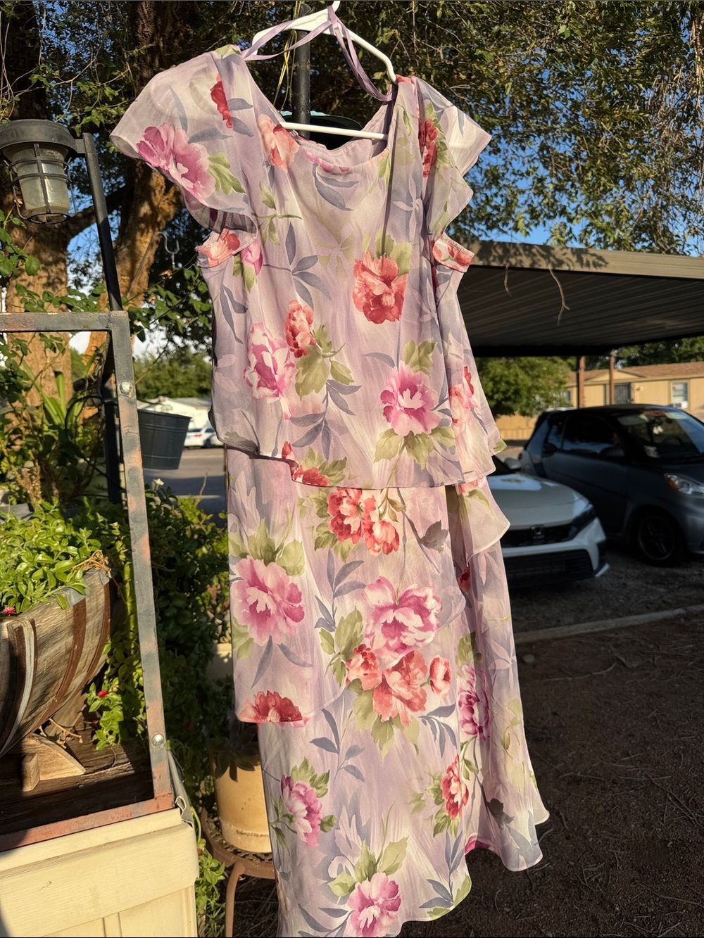 S.L. Fashions Lavender Floral Midi Dress with Pink Blooms